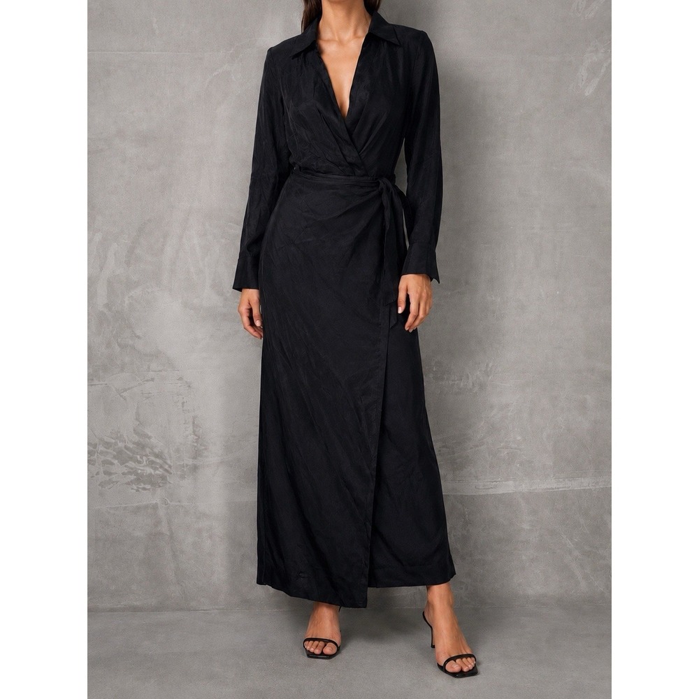 Dissh Sasha Maxi Wrap Dress Womens 2 Black Satin Collared Long Sleeve Tie Waist